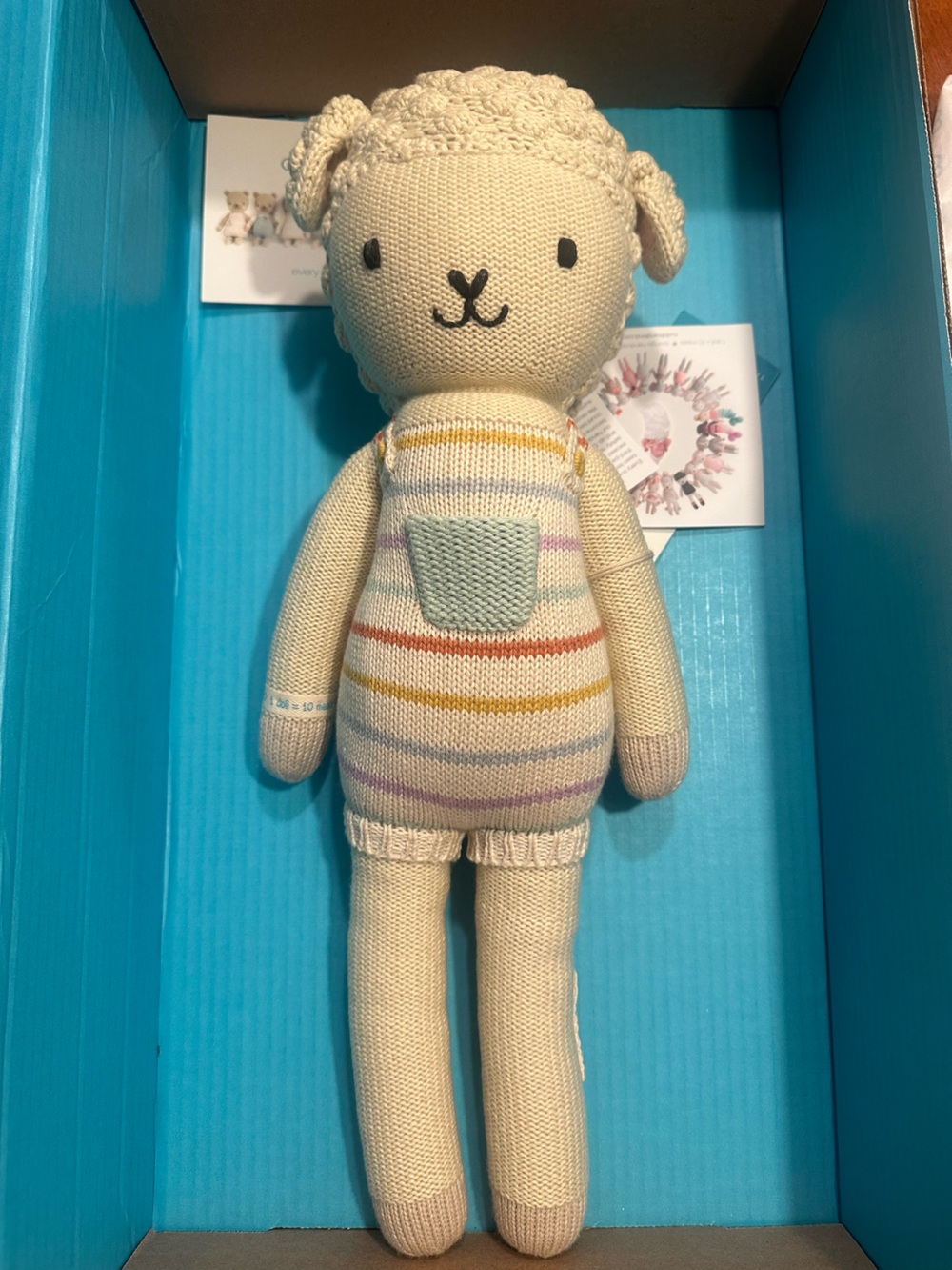 Cuddle and Kind “Avery” Lamb with Pastel Striped Overalls. 20 inches